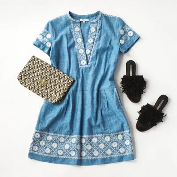 Madewell Chambray Denim Sunstitch Embroidered Mini Dress Size XS - Picture 1 of 8